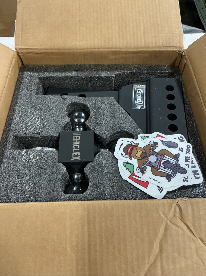 Condition photo showing New/Like New for vehiclex 6" adjustable drop hitch for 2" receiver, heavy-duty tri-ball & tow hook with keyed-alike pin locks for suvs & light-duty trucks, solid steel design 6 inch drop hitch 2 inch receiver