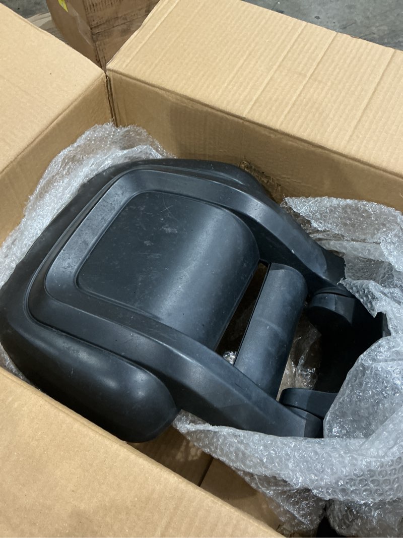 Condition photo showing As Is for driver side mirror compatible with 2014-2024 ram promaster 1500 2500 3500 (long arm) with heated power glass turn signals light temperature sensor manual folding 8+2 pins textured black long arm driver side-lh