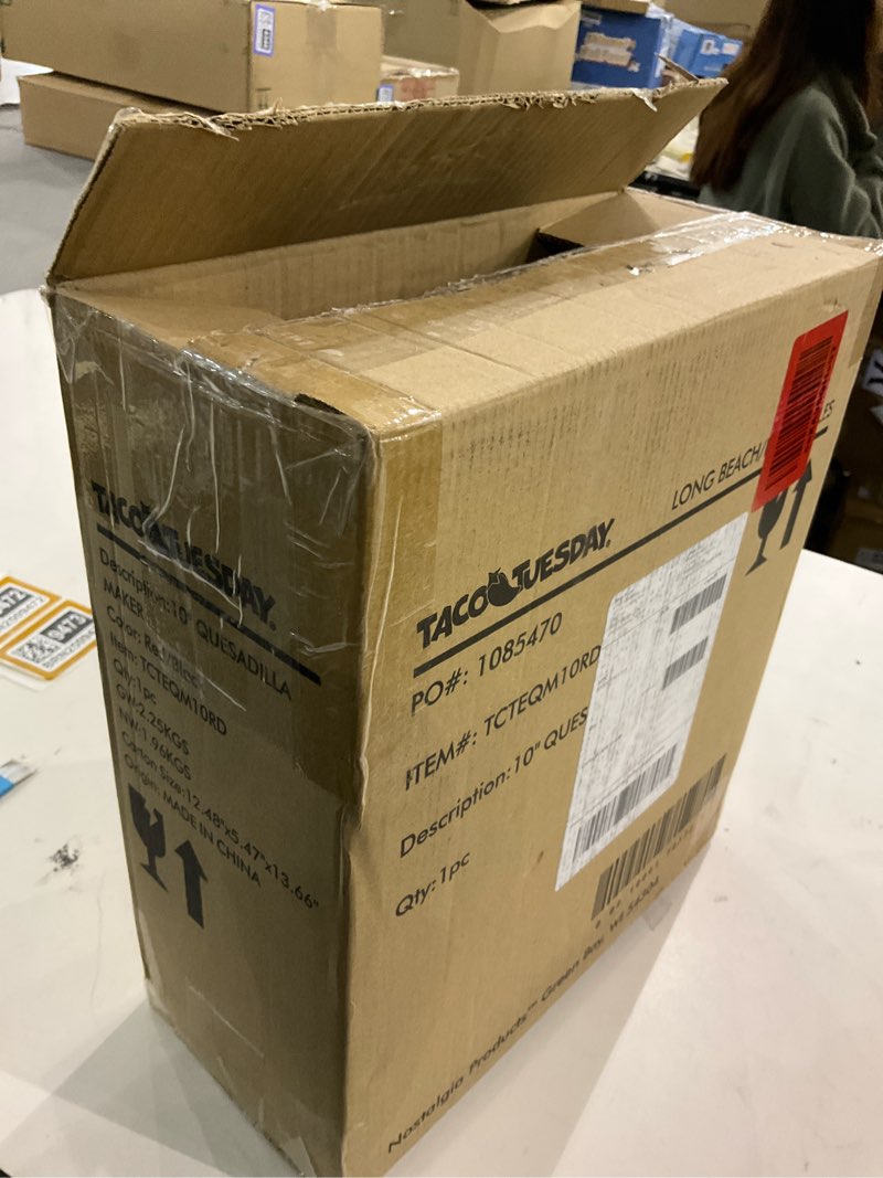 Condition photo showing As Is for Taco Tuesday Deluxe 10-inch 6-Wedge Electric Quesadilla Maker with Extra Stuffing Latch, Red 10-Inch Quesadilla Maker