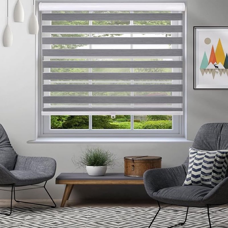 Customized Cordless Zebra Blinds Horizontal Window Blinds and Shades Dual Layer Roller Shades, Sheer or Privacy Light Control [Light Grey 70% Blackout