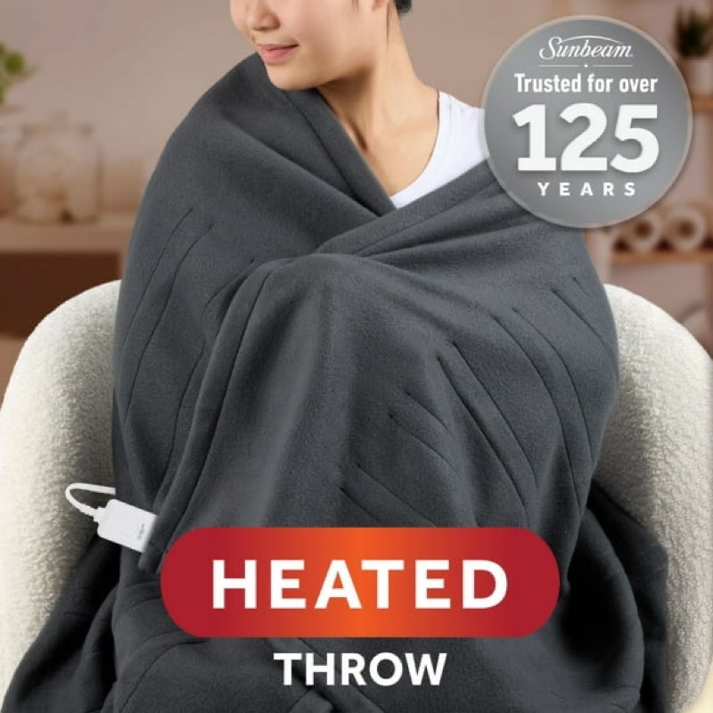 sunbeam electric heated throw blanket gray fleece 4 heat settings, 50x60