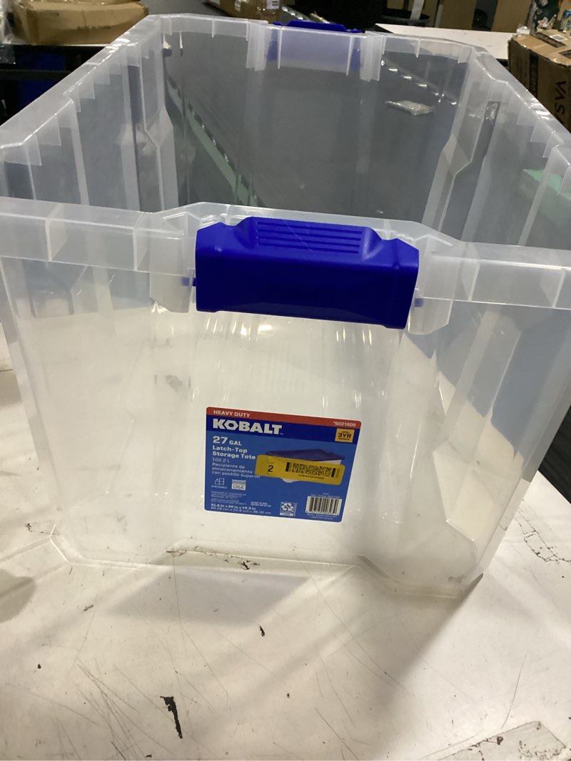 Condition photo showing As Is for kobalt large 27 -gallons ( 108 -quarts ) clear heavy duty stackable tote with latching lid
