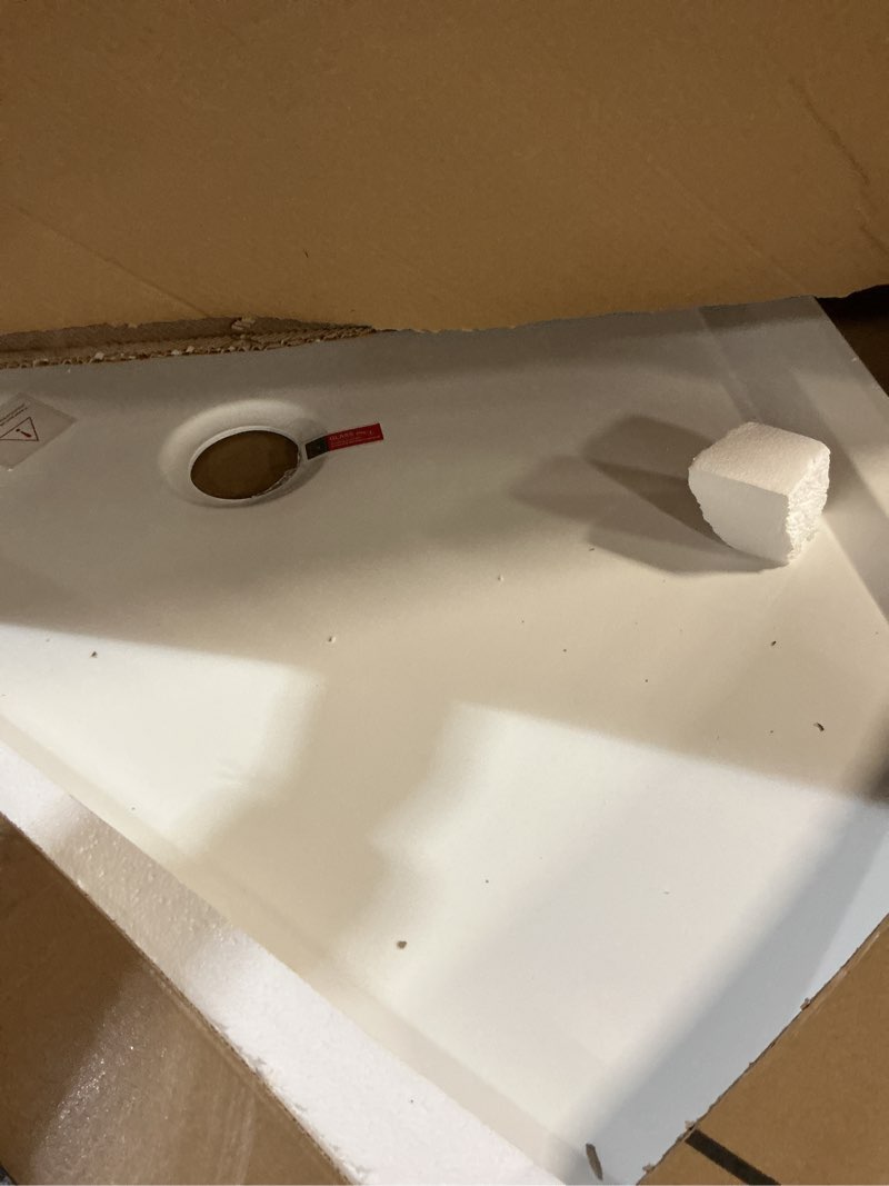 Condition photo showing Good Condition for shower pan,goodyo 36 in. d x 36 in. w x 3.5 in. h corner drain neo-angle shower base in white