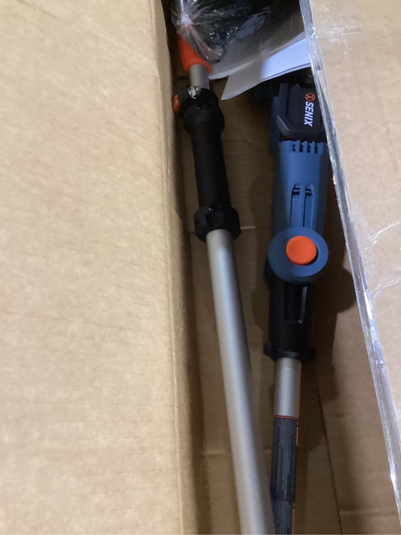 Condition photo showing As Is for senix 20v cordless pole saw, 8 inch telescopic electric pole chainsaw with articulating head, 2.5ah battery & charger included for tree trimming, pruning, and cutting 20v saw