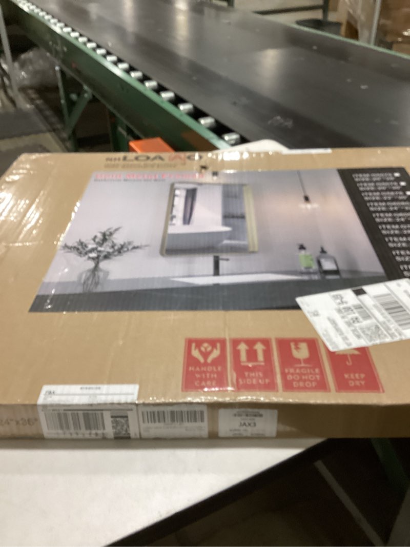 Condition photo showing New/Like New for LOAAO 24”X36” Gold Bathroom Mirror, Rounded Rectangle Gold Frame Mirror, Brushed Gold Bathroom Vanity Mirror Wall-Mounted, Anti-Rust, Hangs Horizontally or Vertically