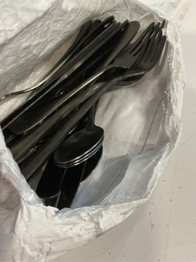 Condition photo showing As Is for lianyu 30 piece matte black silverware set, satin finish black flatware cutlery set for 6, stainless steel kitchen utensil tableware for home restaurant party, dishwasher safe matte black 30