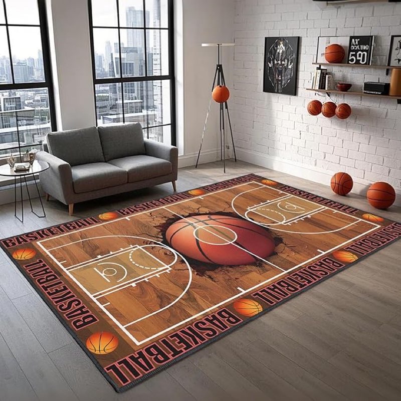 Basketball Rug for Bedroom,5'x7' Basketball Court Rugs with Non-Slip Backing, Sports Carpet for Game Room and Living Room Decor
