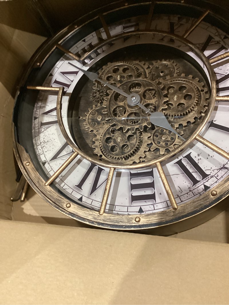 Condition photo showing As Is for 18 inch wall clock with moving gears, oversized large industrial steampunk decoration, antique metal big numeral wall clocks for kitchen study room living room decor (antique oil-rubbed bronze)