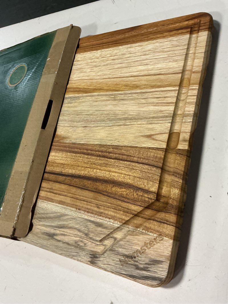 Condition photo showing As Is for extra large teak wood cutting board for kitchen 20inch non slip feet heavy duty butcher block chopping board nice solid thick wooden juice groove big xxl large best hardwood kitchen counter organic 20"l x 14"w