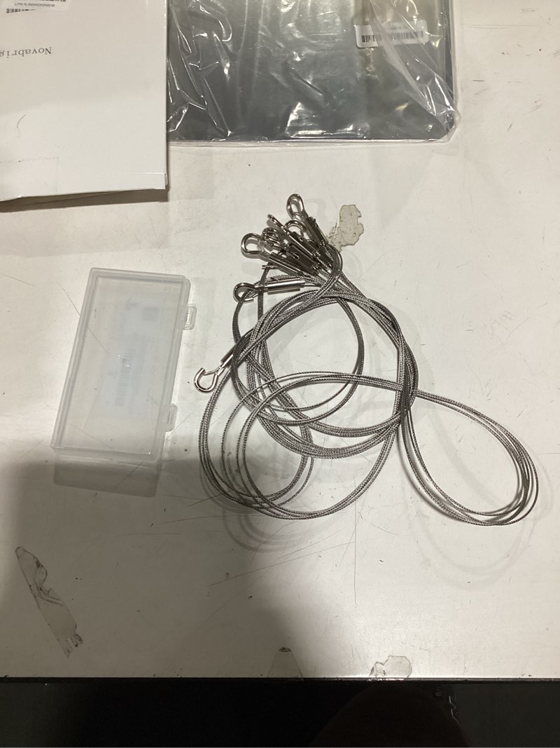 Condition photo showing Good Condition for Adjustable Picture Hanging Wire 4PCS Mirror Frame Kit,Heavy Duty Stainless Steel Rope 3m x1.5mm for Mirrors,Frames,Artwork,Light Lamp,Billboards,Basket Flowerpot Hold Up to 30kg(66lb) 5.7 x 2.7 x 0.7 inches 3M 4PCS