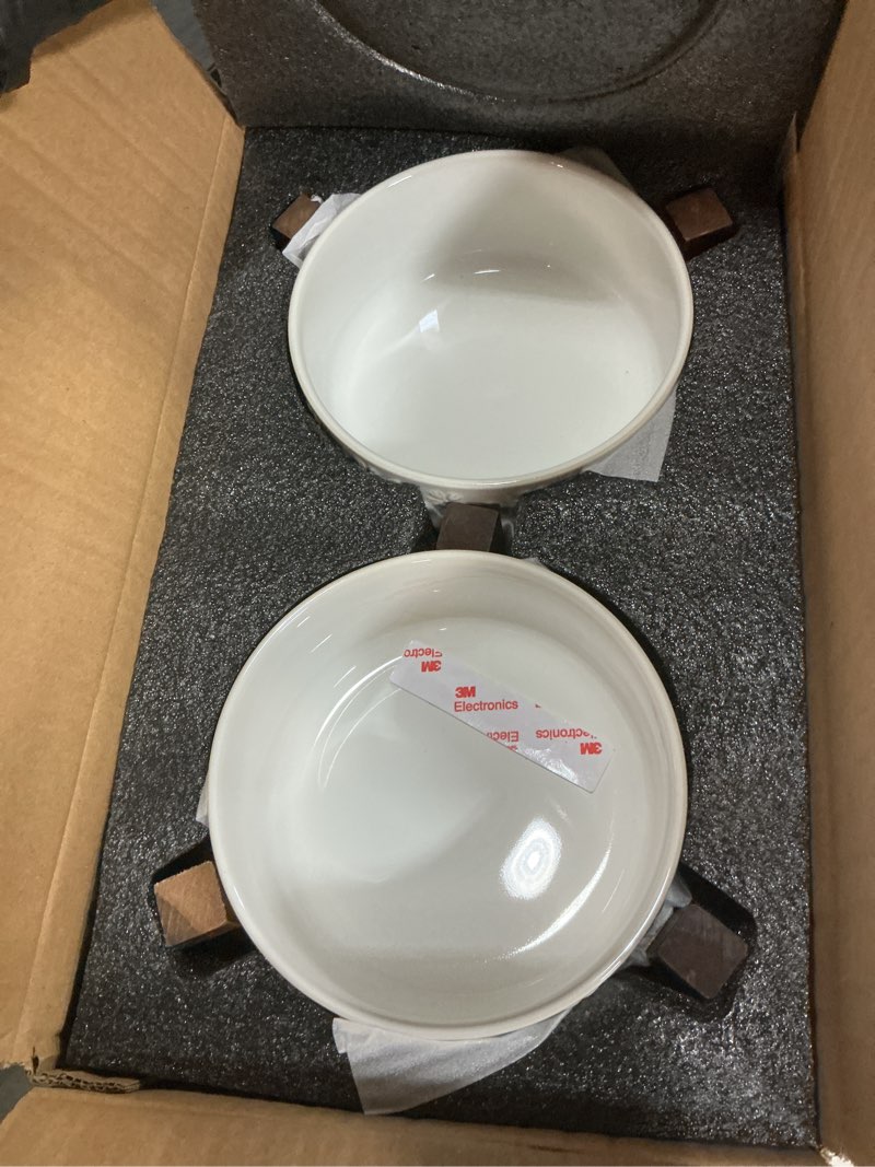 Condition photo showing New/Like New for 6.1inch ceramic raised double bowls set with acacia wood stand, 2 heights elevated, food & water bowls for small breed dogs, weighted dog dishes, pet bowl(27oz, arctic white) 3.4cups double bowls with stand- arctic white
