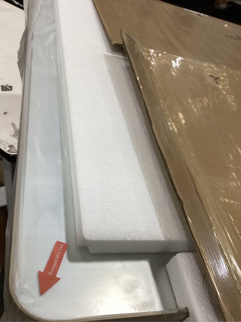 Condition photo showing As Is for loaao 40”x36” gold bathroom mirror, rounded rectangle gold frame mirror, brushed gold bathroom vanity mirror wall-mounted, anti-rust, tempered glass, hangs horizontally or vertically gold 40"l x 36"w