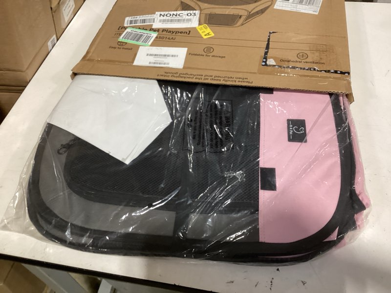 Condition photo showing New/Like New for dog playpen for small dogs & puppies, 40.55" portable indoor outdoor puppy playpen with bowl, waterproof floor, foldable pop-up pet pen for home, travel & daily use, pink+grey pink+grey m(40.55"x40.55"x20.5")
