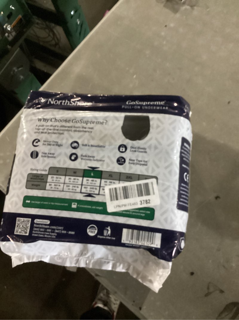 Condition photo showing New/Like New for northshore gosupreme overnight pull-on underwear, 8-hour leak protection, large, 14-count bag, black, (36-48 in waist), unisex adult diapers large (14 count) black