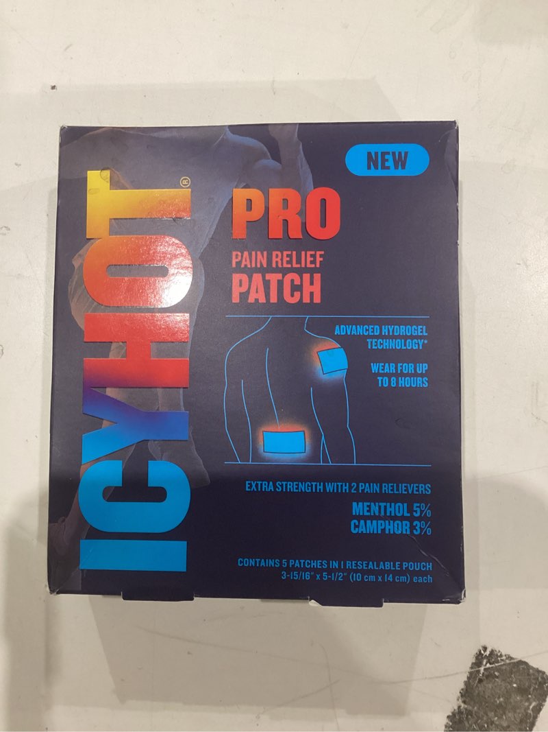Condition photo showing New/Like New for Icy Hot Advanced PRO Pain Relief Patches, Extra Strength with Menthol 5% and Camphor 3%, Fabric Patch for Backaches, Neck, Shoulder, Knee, Elbow, Ankle and Leg, Muscle Strains and Arthritis, 5 ct. Health Personal Care