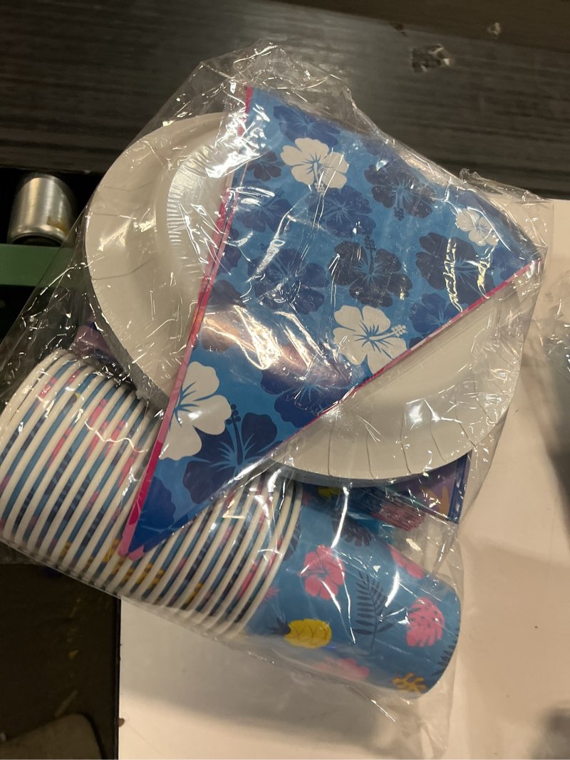 Condition photo showing Good Condition for 196pcs tropical party decorations for birthday, luau beach themed party suppiles, summer tropical banner, plates, cups, napkins, cutlery and tablecloth for 24 guests