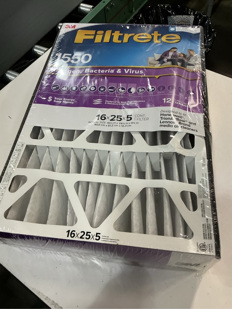 Condition photo showing Good Condition for filtrete 16x25x5 ac furnace air filter, mpr 1550, merv 12, fit trion air bear furnace, allergen, bacteria & virus, electrostatic air cleaning filter, 1-pack (actual size 15.75 x 24.13 x 4.88)