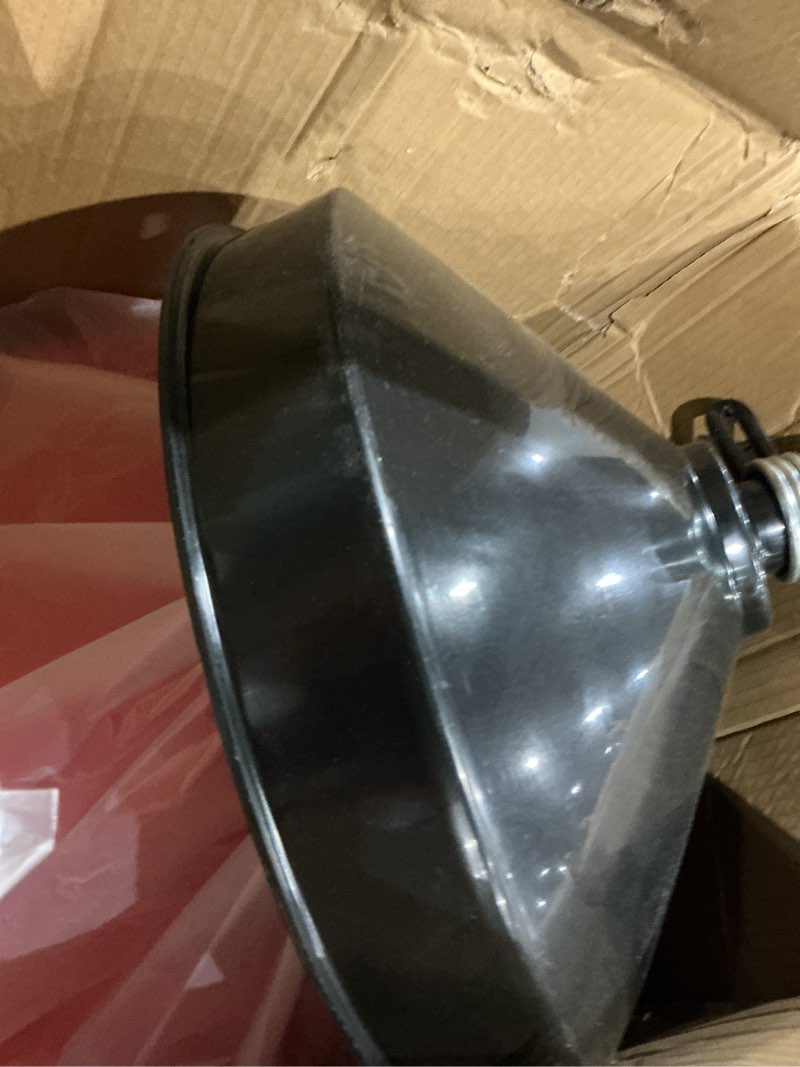 Condition photo showing Good Condition for 8 gallon industrial fluid drain tank,portable waste oil drain with wheels and adjustable funnel height. red.
