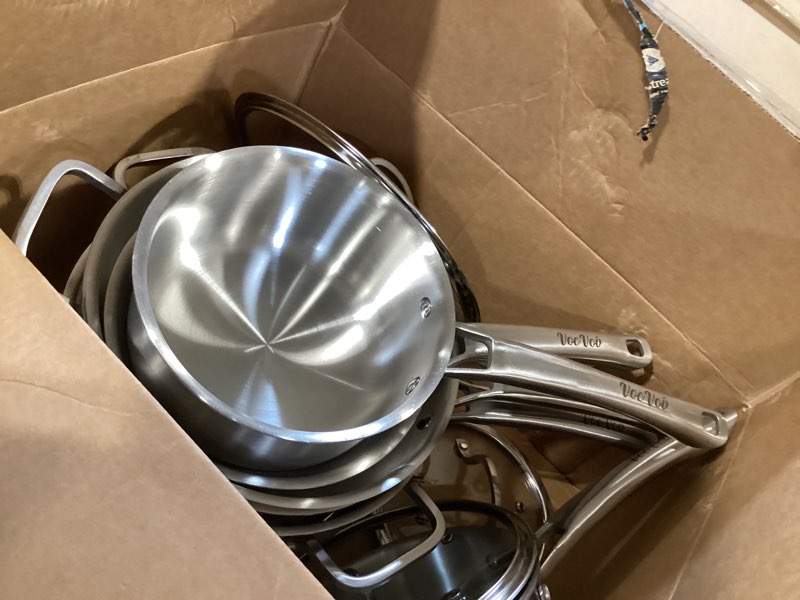 Condition photo showing As Is for stainless steel cookware set,tir-ply pots and pans set,10 pcs stainless steel induction kitchen cookware sets,pfoa free, frying pans, butter warmer,saute pan & stock pot,compatible with all cooktops 10pc