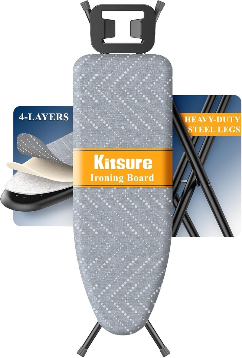 kitsure folding ironing board - height adjustable iron board in full size, wobble-free & heavy-duty ironing board with cover and pad for heat resistance, grey, 43" l x 13" w x 35.8" h
