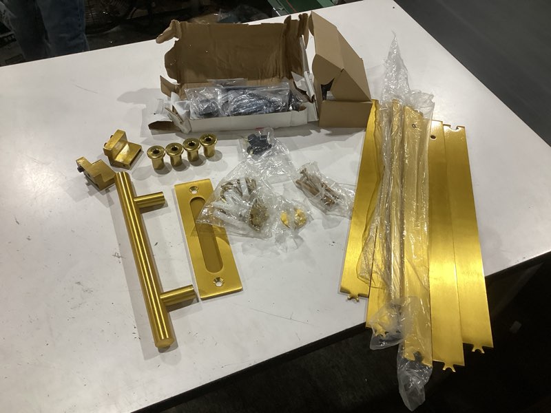 Condition photo showing As Is for rio salto adjustable gold barn door complete hardware kit 6ft 7in (79in) sliding door hardware modern kit interior handle floor guide hardware - light gold kit no door 6ft 7in - single door hardware kit plus