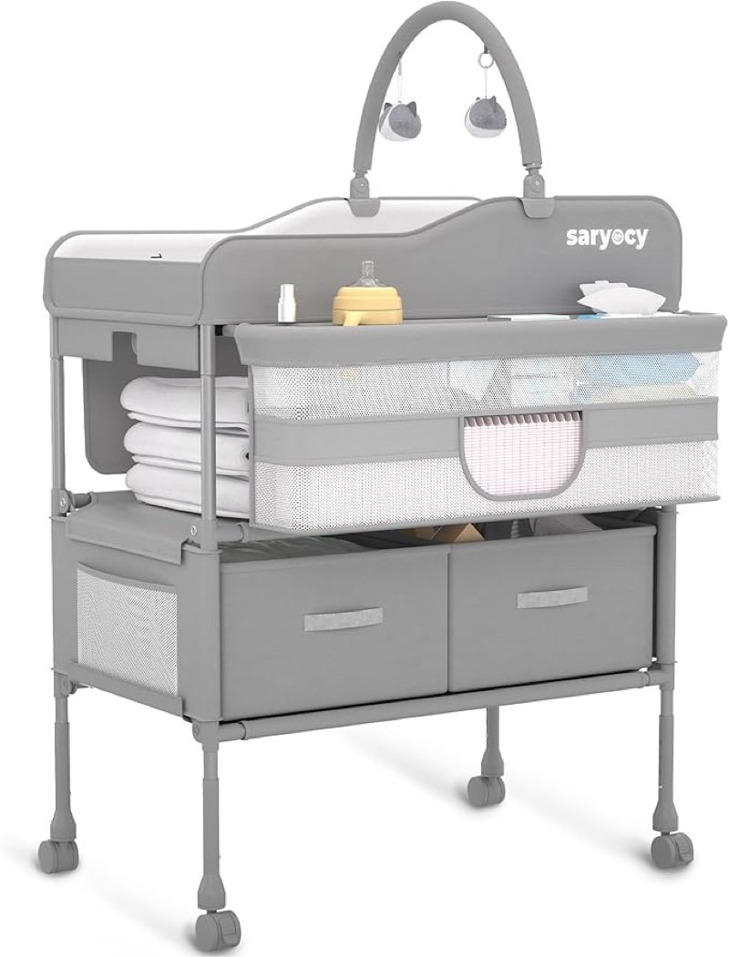 Baby Changing Table, Versatile Folding Changing Table, Waterproof Diaper Changing Station, Adjustable Height with 2 Drawers,Baby Changing Station, Mobile Nursery for Infant and Newborn