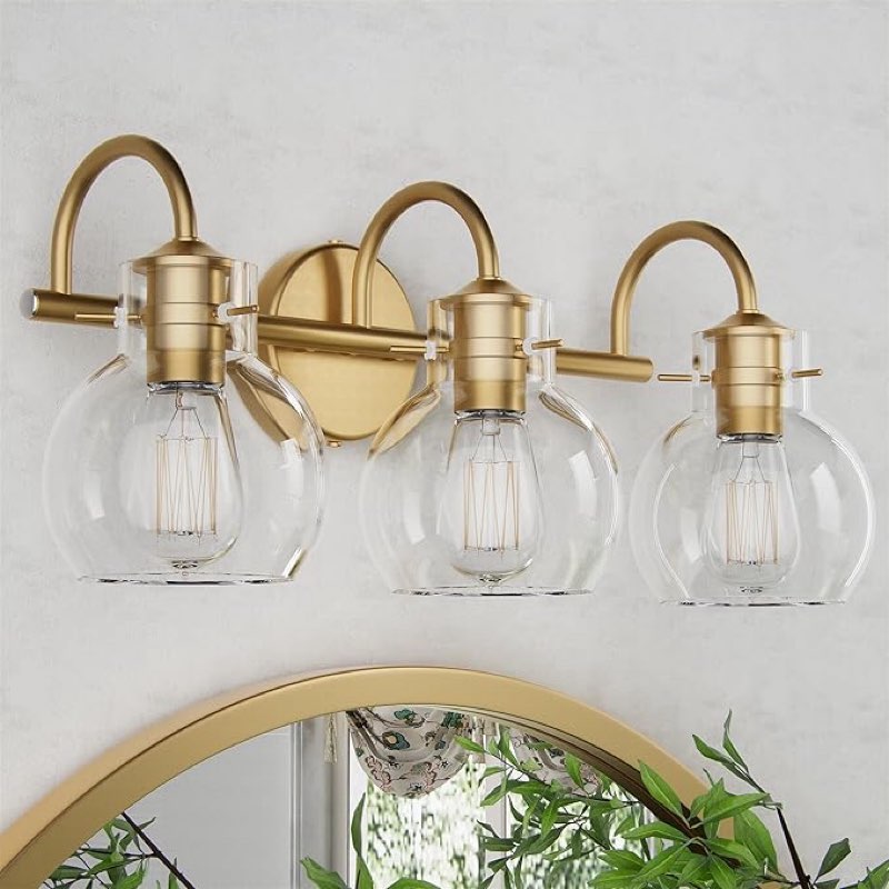 Gold Vanity Light, 3 Light Bathroom Light Fixtures, Modern Bathroom Vanity Lights Fixtures Over Mirror with Clear Globe Glass Shade, Gold Wall Sconces for Bathroom Hallway