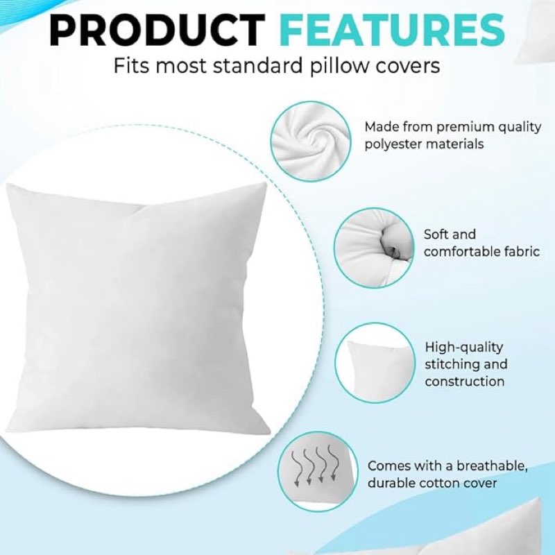 quba linen 18 x 18 throw pillow insert - pack of 2 white, down alternative pillow inserts for decorative pillow covers, throw pillows for bed, couch pillows for living room (pack of 2)