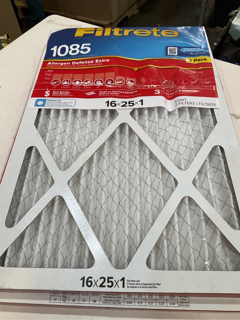 Condition photo showing As Is for filtrete 16-in w x 25-in l x 1-in merv 11 1085 mpr allergen defense extra electrostatic pleated air filter (2-pack)