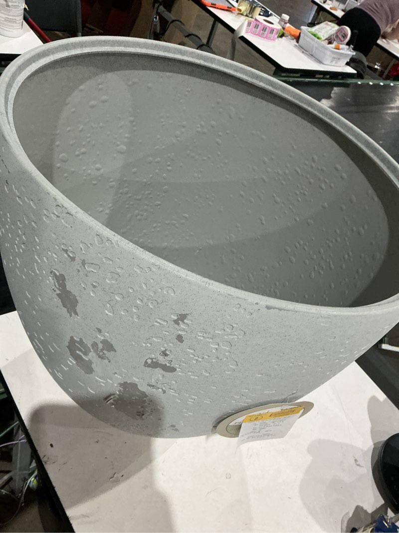 Condition photo showing As Is for allen + roth round 22.6-in w x 22.6-in l x 21.34-in h pietra white resin indoor/outdoor planter