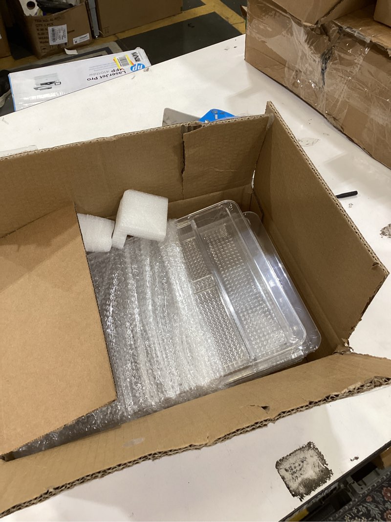 Condition photo showing As Is for Oubonun Expandable Drawer Organizer 11.1” to 19.2” Width, Shallow Cosmetic Organizer 1.3” Height, 2 Packs, Clear Plastic Storage Trays for Dressing Table,Bathroom Shallow 2 Packs