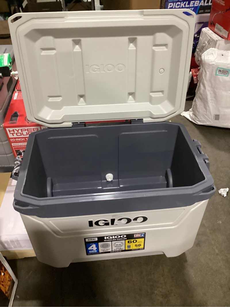 Condition photo showing New/Like New for igloo bone white and gray 60-quart sunset roller cooler
