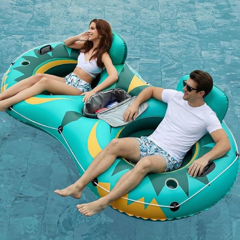 jasonwell inflatable river tube float - 2 person heavy duty pool float with removable cooler, lake water tubes for floating, raft lounge floatie with 2 cup holders for adults
