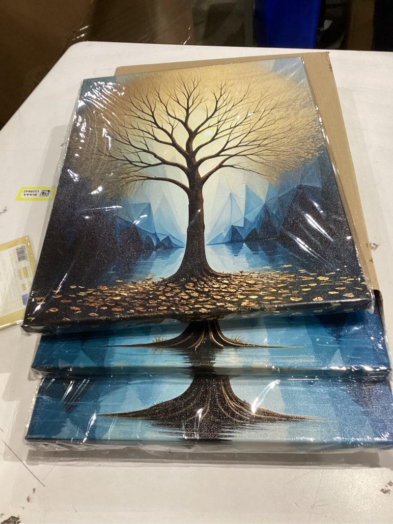 Condition photo showing New/Like New for Arjun Tree Wall Art Gold Heart Shape Landscape Tree of Life Painting Teal Geometric Mountain Framed for Bathroom Living Room Bedroom Dinning Room Kitchen Home Office Wall Decor, 12"x16"x3 Panels 12"x16"x3 Panels Gold tree
