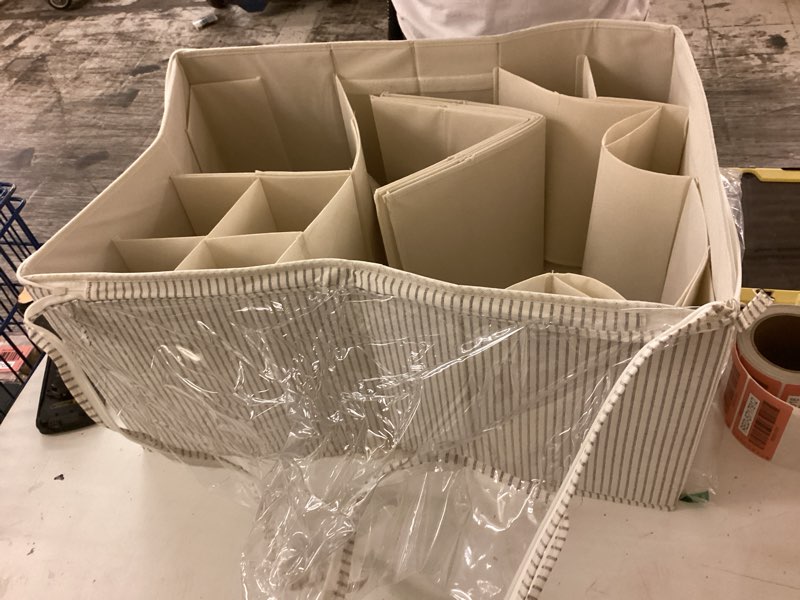 Condition photo showing Good Condition for storageworks shoe organizer for closet, fits up to 24 pairs, shoe cubby storage containers with adjustable dividers and clear cover, khaki and beige stripes gray and white stripes large