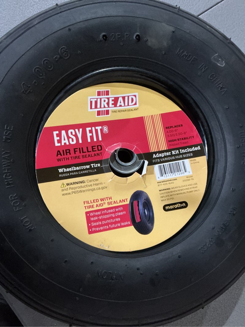 Condition photo showing Good Condition for marathon easy fit sealant filled, pneumatic (air-filled) 4-6 tire and wheel assembly, wheelbarrow/cart use, ribbed tread