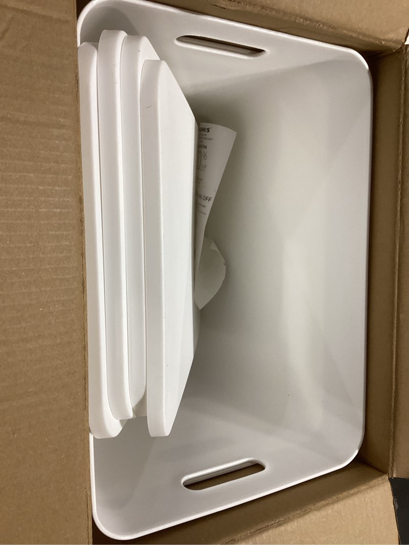 Condition photo showing Good Condition for 4 pack large plastic White storage bins Baskets, Toy Box Chest with Lids and Handle?Organizer Containers for Baby?Kids,snacks,Nursery?Shelves?Playroom, Bedroom?Office,Closet?home Set of 4 Extra Large White