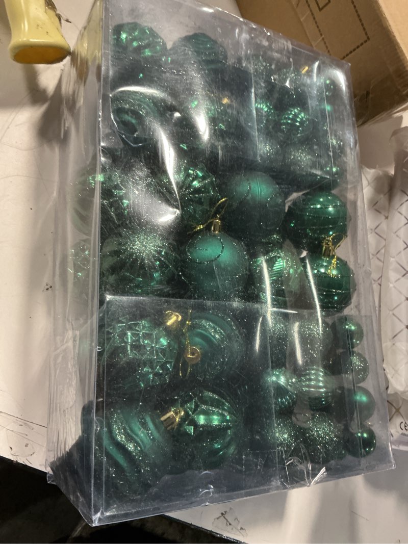 Condition photo showing New/Like New for 100Pcs Green Christmas Ball Ornaments Set, Shatterproof Plastic Dark Hunter Green Christmas Bulbs for Xmas Tree, Assorted Baubles Hanging Decorations for Holiday/Party/Wedding Dark Green