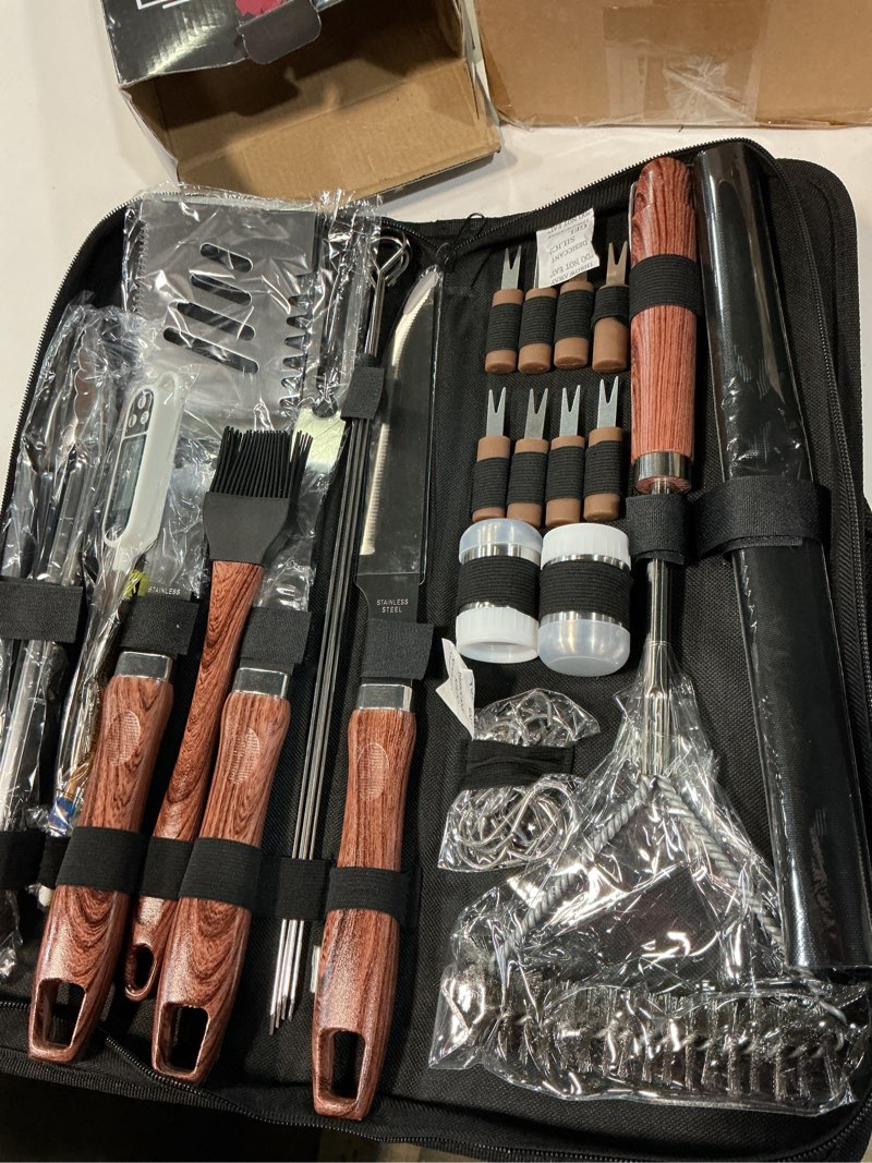Condition photo showing Good Condition for rinpir 31pcs bbq grill accessories gifts for men dad, heavy duty grilling tools gift set for father‘s day, stainless steel bbq utensils kit with mats, grill brush in carrying bag brown