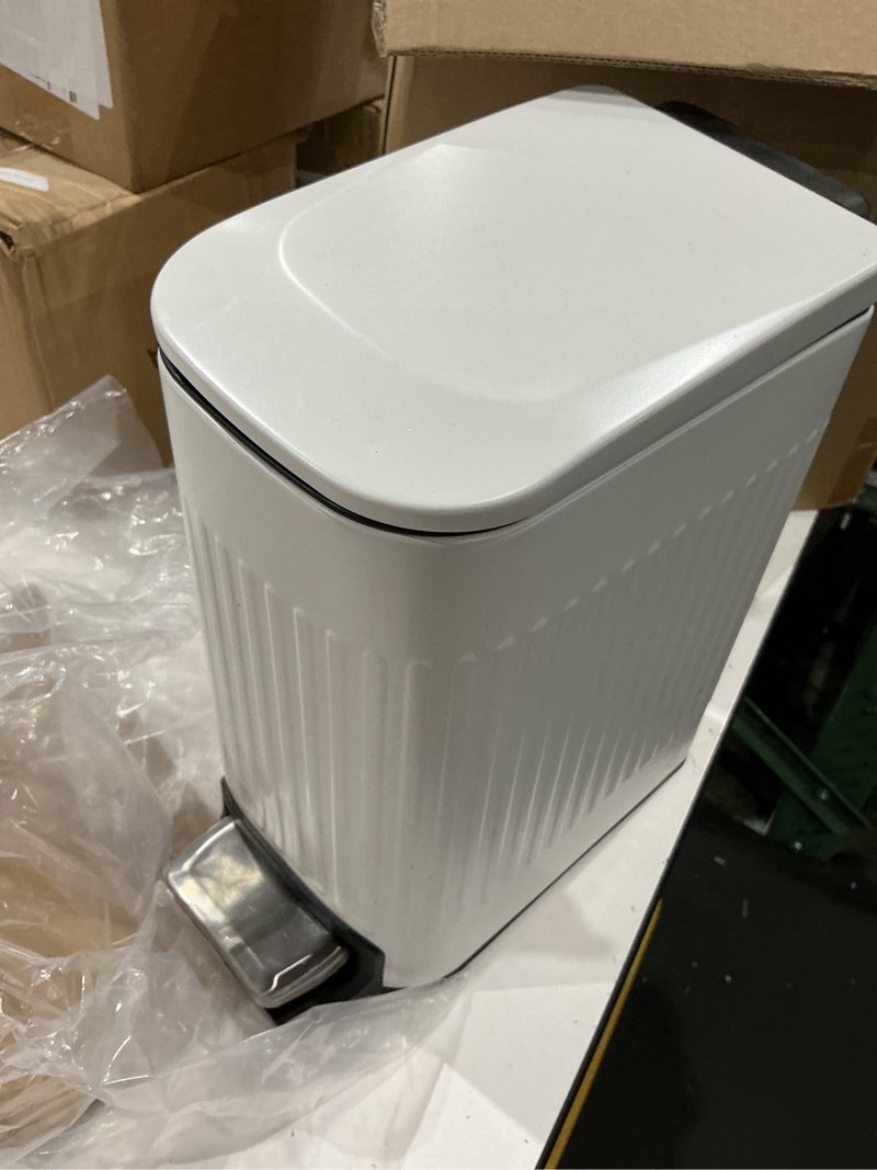 Condition photo showing As Is for trashaid bathroom trash can with lid, 2.6 gallon small garbage can soft close, stainless steel step waste basket for bathroom, bedroom, home office, laundry room, toilet, rv, white, 10 liter