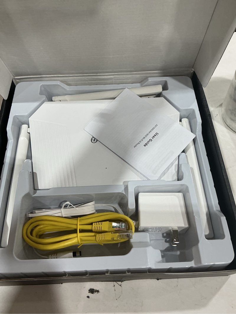 Condition photo showing As Is for u-speed ax1500 wifi 6 router dual band wireless internet router, wireless speed up to 1.5 gbps, full gigabit ports, beamforming, ofdma, mu-mimo, parental controls, wpa3, easymesh