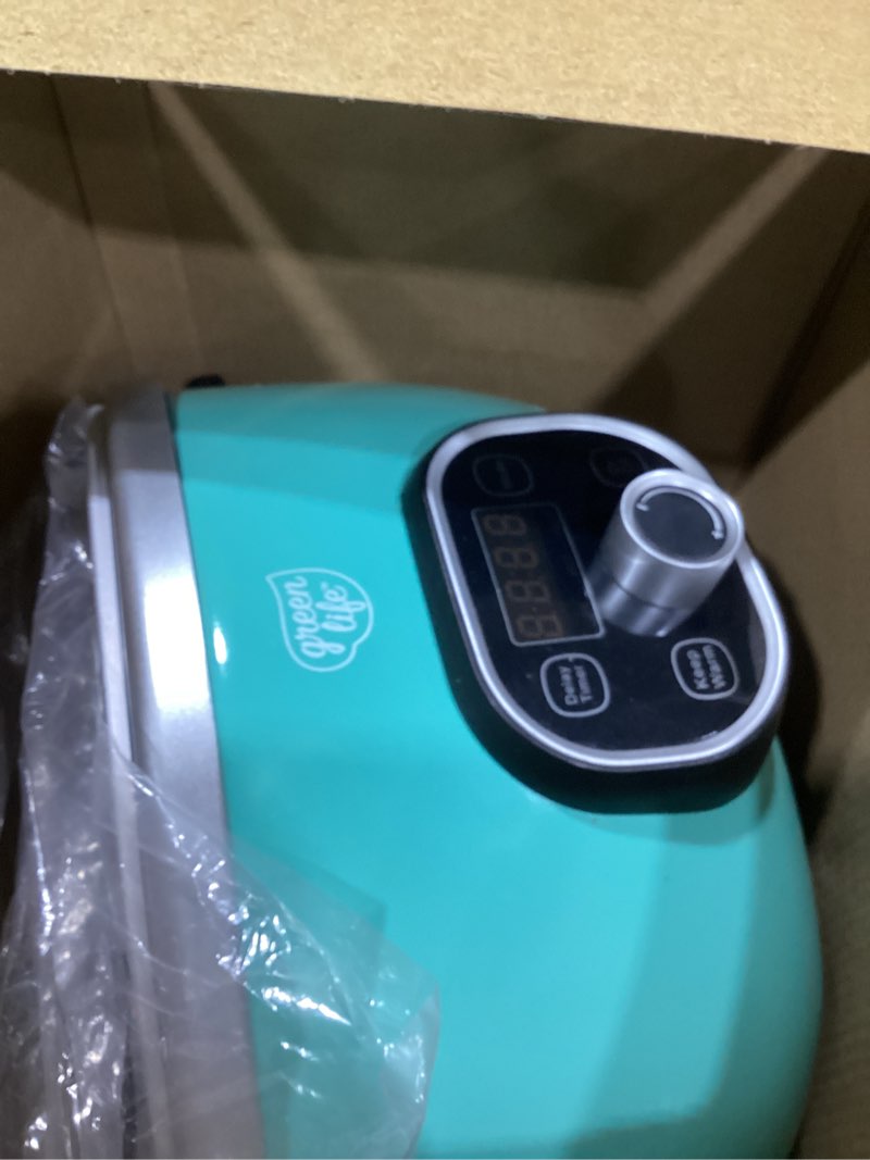 Condition photo showing As Is for greenlife 6qt ceramic slow cooker, pfas-free, programmable, removable healthy nonstick pot for family meals, sear on stovetop, keep warm, digital timer, dishwasher safe crock, turquoise 6 quarts turquoise