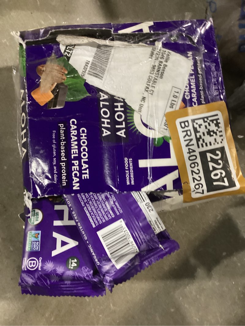 Condition photo showing As Is for aloha organic plant based protein bars | chocolate caramel pecan | 12 count, 1.98oz bars | vegan, low sugar, gluten free, paleo friendly, low carb, non-gmo, stevia free, soy free, no sugar alcohol sweeteners