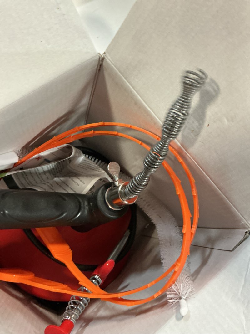 Condition photo showing Good Condition for drain snake auger 33 ft, plumbing snake drain hair clog removal tool, heavy duty snake auger, sink unclogger drain cleaner tool for bathroom kitchen tub shower drain clog remover with gloves, red 33 feet drain auger