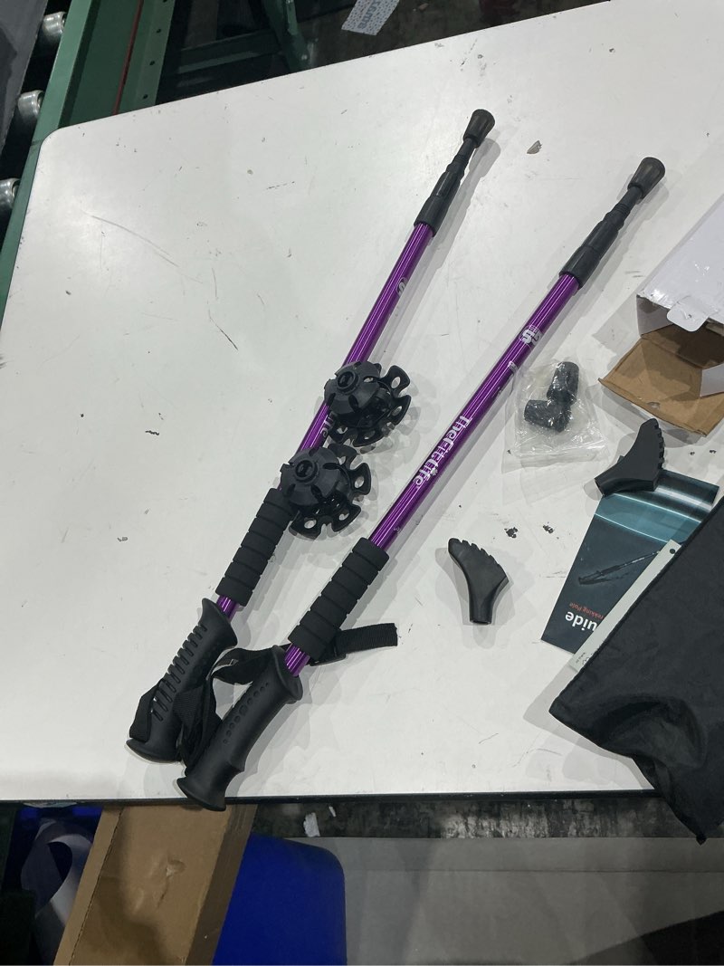 Condition photo showing As Is for thefitlife nordic walking trekking poles - 2 sticks with anti-shock and quick lock system, telescopic, collapsible, ultralight for hiking, camping, mountaining, backpacking, walking, trekking purple