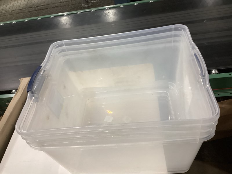 Condition photo showing As Is for rubbermaid cleverstore 71 qt clear storage bins with lids, 4-pack, stackable, bpa-free, made in usa 71 qt - 4 pack