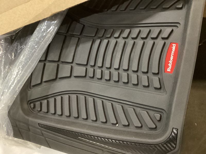 Condition photo showing As Is for Rubbermaid Car Floor Mats Full Set, Premium Heavy Duty All-Weather Car Mats– Rugged Rubber with Brushed Aluminum Inserts, Universal Trim-to-Fit, Anti-Slip Backing for Cars, SUVs, Trucks & Vans - Black
