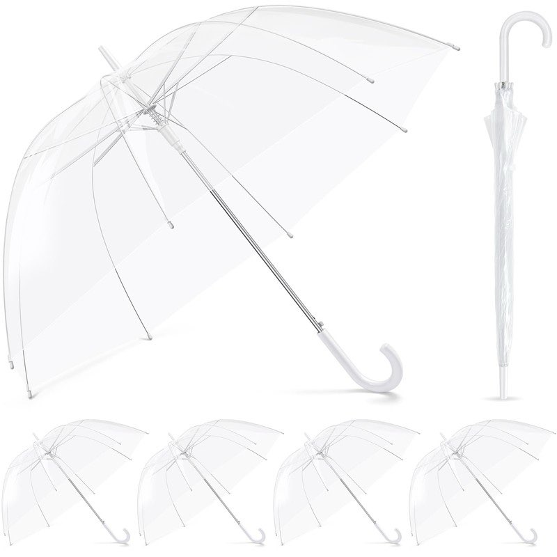Fabbay 6 wedding style stick umbrella, large windproof bubble rain umbrella with J hook handle for bride and groom gift (white)