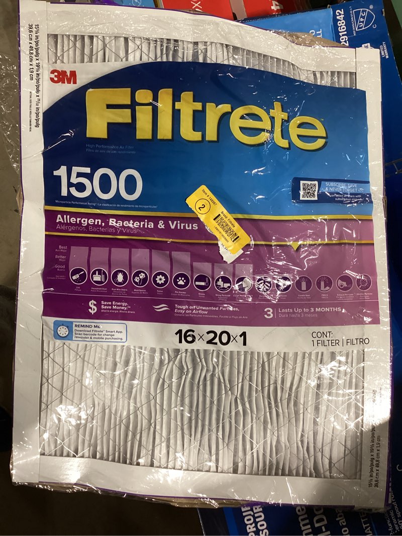 Condition photo showing As Is for filtrete 16 x 20 x 1 merv 12 1500 mpr allergen, bacteria and virus electrostatic pleated air filter
