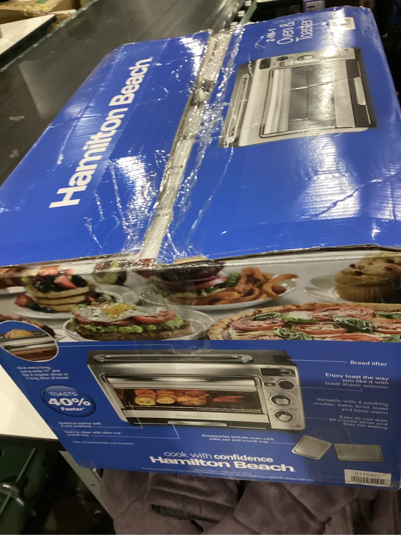 Condition photo showing As Is for Hamilton Beach 2-in-1 Countertop Toaster Oven and Long Slot 2 Slice Toaster, 60 Minute Timer and Automatic Shut Off, Shade Selector, Stainless Steel (31156)